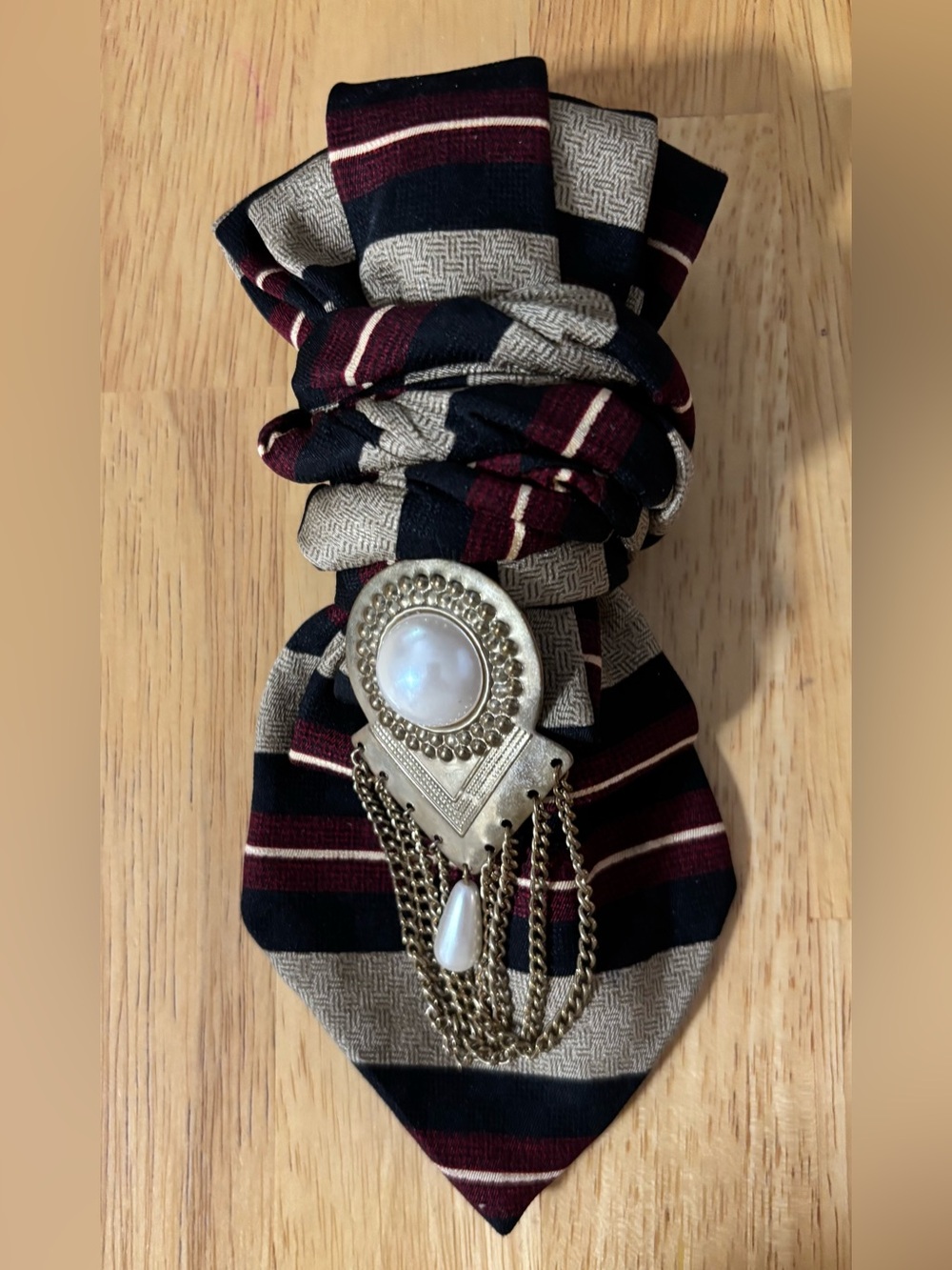 Striped Black & Burgundy Necktie Necklace with Gold Pendant